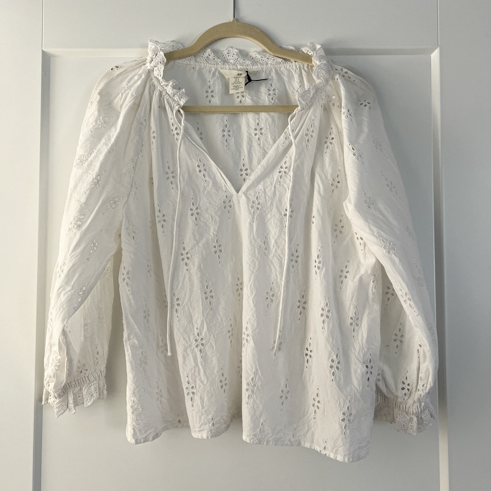 H&M White Embroidered Top, White, Small